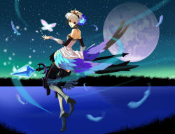Rule 34 | 1girl, armor, armored dress, azuma reiji, bug, butterfly, dress, gwendolyn (odin sphere), insect, moon, multicolored wings, night, night sky, odin sphere, polearm, pteruges, sky, solo, spear, strapless, strapless dress, weapon, wings