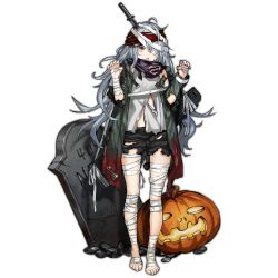 Rule 34 | 1girl, assault rifle, bags under eyes, bandages, blood, blush stickers, full body, g11 (girls&#039; frontline), g11 (neet zombie) (girls&#039; frontline), girls&#039; frontline, gun, jack-o&#039;-lantern, jacket, knife, looking at viewer, official alternate costume, official art, outstretched arms, pumpkin, rifle, shorts, solo, tombstone, torn clothes, transparent background, weapon, zombie pose