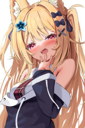 Rule 34 | 1girl, :d, animal ears, bare shoulders, blonde hair, bow, breasts, fang, flower, fox ears, hair bow, hair flower, hair ornament, hand to own mouth, highres, long hair, long sleeves, looking at viewer, nyahu (nyahu 77), off-shoulder jacket, off shoulder, open mouth, red eyes, shirt, skin fang, sleeveless, sleeveless shirt, smile, smug, two side up, vrchat