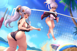 Rule 34 | 2girls, absurdres, ass, ball, beach, beach volleyball, black one-piece swimsuit, blue eyes, blush, breasts, competition swimsuit, curvy, elf, female focus, flower, glasses, hair between eyes, hair flower, hair ornament, hair ribbon, highres, huge ass, jacket, large breasts, long hair, mother and daughter, multiple girls, ocean, one-piece swimsuit, palm tree, playing sports, pointy ears, ponytail, purple eyes, purple hair, re:zero kara hajimeru isekai seikatsu, relpama, ribbon, runa van astrea, sand, satella (re:zero), smug, surprised, swimsuit, thick thighs, thighs, tree, volleyball, volleyball (object), volleyball net, white one-piece swimsuit