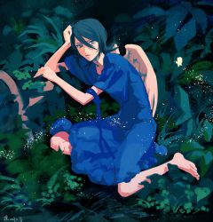 Rule 34 | 1girl, absurdres, barefoot, black eyes, black hair, bleach, blue dress, dress, forest, full body, grass, hair between eyes, highres, jou (jo jjo), kuchiki rukia, leaf, looking at viewer, nature, open mouth, outdoors, short hair, short sleeves, solo, toes, white wings, wings