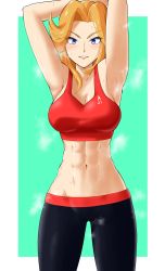 Rule 34 | 1girl, abs, absurdres, armpits, arms up, blonde hair, blue eyes, drawfag, f-zero, green background, highres, long hair, monique l&#039;amoreaux, muscular, muscular female, navel, nintendo, pants, parted lips, solo, steam, sweat, tank top, yoga pants