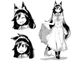 Rule 34 | 1girl, absurdres, animal ears, apron, boots, brooch, collar, dress, closed eyes, fang, frills, full body, greyscale, highres, imaizumi kagerou, jewelry, long hair, maid headdress, monochrome, multiple views, one eye closed, open mouth, short sleeves, smile, tail, touhou, tyouseki, wolf ears, wolf tail