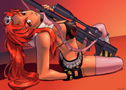 Rule 34 | 00s, 1girl, anti-materiel rifle, arched back, arm support, belt, between breasts, bikini, bikini top only, breasts, fingerless gloves, gloves, gun, hair ornament, hairclip, jun (blue), large breasts, long hair, looking back, pink thighhighs, ponytail, red hair, rifle, scarf, short shorts, shorts, sitting, smile, sniper rifle, solo, studded belt, swimsuit, tengen toppa gurren lagann, thighhighs, weapon, yellow eyes, yoko littner