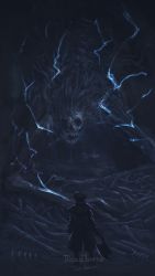 Rule 34 | 1other, ambiguous gender, artist name, axe, bloodborne, blue theme, capelet, coat, commentary, copyright name, darkbeast paarl, dress, electricity, from behind, fur, hat, highres, holding, holding axe, holding weapon, hunter (bloodborne), long sleeves, monster, skeleton, standing, tail, tricorne, tripdancer, weapon