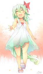 Rule 34 | 1girl, :d, absurdres, alternate costume, blush, bow, child, dress, ex-keine, fang, green hair, highres, horn bow, horns, kamishirasawa keine, kokka han, open mouth, sandals, see-through silhouette, smile, solo, tail, touhou, aged down