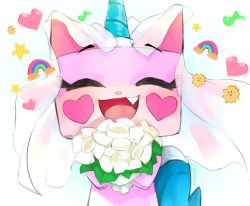 Rule 34 | 1girl, :3, :d, ^ ^, absurdres, bouquet, bridal veil, cat, closed eyes, colored skin, commentary request, closed eyes, flower, happy, heart, highres, humanization, karasuma234, musical note, no humans, open mouth, princess unikitty, rainbow, simple background, smile, solo, star (symbol), the lego group, the lego movie, veil, white background