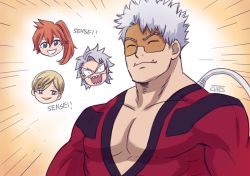 Rule 34 | 1girl, 3boys, ^^^, bara, blush, bodysuit, boku no hero academia, chips n cookies, commentary, english commentary, facial scar, fangs, grey hair, itsuka kendou, large pectorals, male focus, mature male, monoma neito, multiple boys, muscular, muscular male, pectoral cleavage, pectorals, red bodysuit, scar, scar on cheek, scar on face, short hair, solo focus, tetsutetsu tetsutetsu, upper body, vlad king (boku no hero academia)