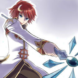 Rule 34 | 1boy, black coat, blue eyes, coat, commentary request, cowboy shot, gradient background, grey background, high priest (ragnarok online), holding, holding staff, layered clothes, long sleeves, looking at viewer, male focus, multicolored coat, natsuya (kuttuki), open mouth, ragnarok online, red coat, red hair, short hair, solo, staff, two-tone coat, white coat