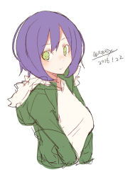 Rule 34 | 1girl, blush, closed mouth, dated, fur-trimmed hood, fur trim, fur trimm, green eyes, green jacket, hood, hood down, hooded jacket, jacket, looking at viewer, looking to the side, maze (gochama ze gohan), original, purple hair, signature, simple background, sketch, smile, solo, upper body, white background