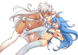 Rule 34 | 10s, 2boys, androgynous, aragami rouga, blue eyes, blue hair, clenched teeth, future card buddyfight, grabbing another&#039;s hair, long hair, male focus, multiple boys, navel, nipples, open mouth, panties, red eyes, ryuuenji tasuku, side-tie panties, simple background, teeth, thighhighs, tobi (one), topless male, trap, underwear, underwear only, very long hair, white background, white hair