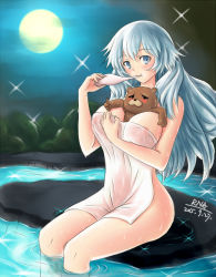 Rule 34 | 1boy, 1girl, areola slip, artemis (fate), bath, bear, between breasts, blue eyes, blush, breasts, covered erect nipples, covering privates, eating, fate/grand order, fate (series), large breasts, long hair, looking at viewer, mixed-sex bathing, moon, nude, orion (bear) (fate), shared bathing, silver hair, sitting, towel, water, wet