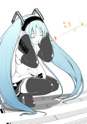 Rule 34 | aqua hair, boots, detached sleeves, closed eyes, hatsune miku, kazami fukashido, long hair, musical note, open mouth, smile, solo, thigh boots, thighhighs, twintails, very long hair, vocaloid, zettai ryouiki