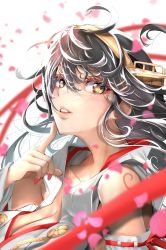 Rule 34 | 1girl, breasts, cleavage, commentary request, detached sleeves, finger to own chin, grey hair, hair between eyes, haruna (kancolle), headgear, kantai collection, large breasts, lips, long hair, looking at viewer, messy hair, nail polish, nontraditional miko, parted lips, petals, pink nails, ribbon-trimmed sleeves, ribbon trim, simple background, solo, tororo ten, upper body, wavy hair, white background, yellow eyes
