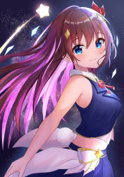 Rule 34 | 1girl, bare arms, bare shoulders, blue eyes, blue skirt, blue vest, blush, breasts, brown hair, closed mouth, collared shirt, cowboy shot, cropped shirt, cropped vest, diamond hair ornament, fake tail, from side, hair ornament, hair ribbon, hairclip, highres, hololive, idol, long hair, looking at viewer, medium breasts, midriff, neck ribbon, onabe no shime, pleated skirt, rabbit tail, red ribbon, ribbon, shirt, skirt, sleeveless, sleeveless shirt, smile, solo, star (symbol), star hair ornament, tail, tokino sora, tokino sora (1st costume), vest, virtual youtuber, waist cape, white shirt