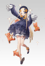 Rule 34 | 1girl, abigail williams (fate), absurdres, arms up, ata-zhubo, bare legs, blonde hair, blue eyes, bow, fate/grand order, fate (series), flower, grey background, hair bow, hair flower, hair ornament, hat, highres, long hair, looking at viewer, multiple hair bows, simple background, skirt, solo, stuffed animal, stuffed toy, teddy bear