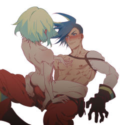 Rule 34 | 2boys, abs, absurdres, androgynous, ass, asymmetrical hair, black gloves, blue eyes, blue hair, blush, body blush, bulge, clothed male nude male, completely nude, ear blush, erection, erection under clothes, feet, galo thymos, gloves, green hair, hand on another&#039;s chest, hand on another&#039;s knee, highres, lio fotia, looking at another, looking down, looking up, lying, male focus, mohawk, multiple boys, muscular, muscular arms, muscular male, nervous smile, nipples, nude, on back, on lap, pants, pectorals, promare, red pants, shinemoe, short hair, sidecut, simple background, sitting, sitting on person, smaller dominant, smile, sweatdrop, topless male, undercut, white background, yaoi