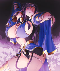 Rule 34 | 1girl, bikini, black background, black hair, blunt bangs, blush, bracelet, breasts, bridal gauntlets, cape, circlet, cleavage, covered erect nipples, crotchless, dark, embarrassed, fire emblem, fire emblem awakening, hair ornament, huge breasts, jewelry, large breasts, long hair, looking at viewer, matsu-sensei, nail polish, navel, nintendo, nipples, one eye closed, open mouth, pantyhose, pointing, pointing at viewer, purple eyes, purple hair, sideboob, simple background, smile, smoke, solo, swimsuit, tharja (fire emblem), thighs, tiara, two side up, wink