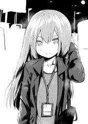 Rule 34 | 1girl, bag, commentary, dot nose, english commentary, flat chest, greyscale, hair between eyes, handbag, highres, id card, jacket, lanyard, long hair, looking at viewer, melissa renata, monochrome, norman maggot, office lady, original, petite, solo, standing, sweatdrop, upper body