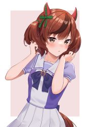 Rule 34 | 1girl, absurdres, animal ears, blush, border, bow, bowtie, brown eyes, brown hair, commentary request, ear covers, ear ribbon, highres, horse ears, horse girl, looking at viewer, mochiko (uyu omochi), multicolored hair, nice nature (umamusume), outside border, parted lips, puffy short sleeves, puffy sleeves, purple bow, purple bowtie, purple shirt, sailor collar, sailor shirt, school uniform, shirt, short sleeves, simple background, skirt, solo, streaked hair, tracen school uniform, umamusume, upper body, white border, white skirt