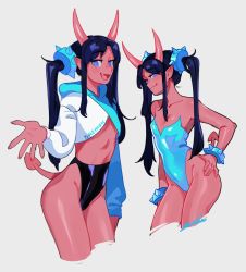 Rule 34 | 1girl, black hair, blue eyes, breasts, colored skin, cropped hoodie, demon girl, demon tail, edie crop hoodie, fang, hand on own hip, hood, hoodie, horns, leotard, looking at viewer, meme attire, open hand, open mouth, original, red skin, small breasts, tail, twintails, variations, zambiie