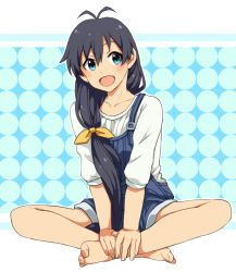 Rule 34 | 1girl, :d, alternate hairstyle, antenna hair, bad id, bad pixiv id, barefoot, black hair, blue eyes, collarbone, fang, feet, ganaha hibiki, hair ribbon, hands on feet, idolmaster, idolmaster (classic), indian style, crossed legs, long hair, low-tied long hair, open mouth, overalls, restaint, ribbon, sitting, smile, solo, very long hair