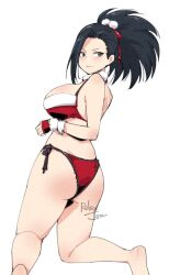 Rule 34 | 1girl, ass, barefoot, bikini, black eyes, black hair, boku no hero academia, breasts, closed mouth, commentary, from behind, fur trim, hair pulled back, large breasts, long hair, looking at viewer, ponytail, relaxjon, simple background, smile, solo, string bikini, swimsuit, thick thighs, thighs, white background, yaoyorozu momo