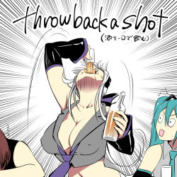 Rule 34 | 3girls, ahoge, alcohol, aqua hair, bottle, breasts, brown hair, caffein, cleavage, crop top, cup, detached sleeves, drinking, drinking glass, emphasis lines, english text, green hair, hatsune miku, headphones, large breasts, long hair, meiko (vocaloid), midriff, multiple girls, necktie, no bra, open mouth, ponytail, shot glass, simple background, sleeping, surprised, twintails, utau, vocaloid, white background, white hair, yowane haku, zzz
