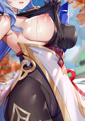 Rule 34 | 1girl, akusema, armpits, bare shoulders, bell, black gloves, black legwear, black leotard, breasts, cameltoe, close-up, clothes pull, clothing aside, covered erect nipples, detached sleeves, ganyu (genshin impact), genshin impact, gloves, gold trim, groin, head out of frame, highres, leotard, leotard under clothes, long hair, medium breasts, neck bell, nipples, one breast out, outdoors, parted lips, pulled by self, sideboob, sidelocks, solo, standing, sweat, thighlet, underboob, white sleeves