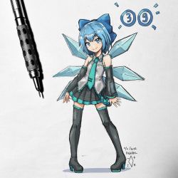 Rule 34 | 1girl, absurdres, bare shoulders, black footwear, black skirt, black sleeves, blue bow, blue eyes, blue hair, blue necktie, boots, bow, circled 9, cirno, closed mouth, detached sleeves, digiral, graphite (medium), grey shirt, hair bow, hatsune miku, highres, ice, ice wings, necktie, pleated skirt, shirt, short hair, skirt, sleeveless, sleeveless shirt, smile, solo, thigh boots, touhou, traditional media, vocaloid, vocaloid boxart pose, wings