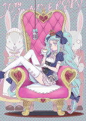 Rule 34 | 1girl, absurdly long hair, anniversary, blue eyes, blue hair, bow, braid, butler, crown, cup, dress, food, hair bow, hatsune miku, heart, heart-shaped pupils, high heels, highres, kl (dgzonbi), long hair, macaron, maid, maid headdress, md5 mismatch, microphone, monocle, polka dot, polka dot background, puffy short sleeves, puffy sleeves, rabbit, resolution mismatch, saucer, short sleeves, sitting, source larger, symbol-shaped pupils, teacup, thighhighs, tray, twintails, very long hair, vocaloid, white thighhighs
