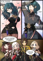 Rule 34 | 2boys, 4girls, armor, arms up, bisexual female, bisexual male, black gloves, black headwear, black shorts, blonde hair, blue eyes, blue hair, blush, bow, braid, breasts, brown hair, byleth (female) (fire emblem), byleth (fire emblem), byleth (male) (fire emblem), cape, choker, claude von riegan, cleavage, closed eyes, closed mouth, clothing cutout, dagger, dorothea arnault, earrings, edelgard von hresvelg, english text, fire emblem, fire emblem: three houses, garreg mach monastery uniform, gloves, hair bow, hair ribbon, hat, heart, heart-shaped pupils, highres, jewelry, kinkymation, knife, long hair, long sleeves, low ponytail, mercedes von martritz, multiple boys, multiple girls, navel, navel cutout, nintendo, open mouth, pantyhose, purple eyes, red cape, ribbon, sheath, sheathed, short shorts, shorts, single braid, smile, symbol-shaped pupils, uniform, weapon, white gloves, white hair, wide hips, yellow cape
