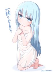 Rule 34 | 1girl, barefoot, blue eyes, blue hair, blush, closed mouth, collarbone, full body, hair between eyes, hands on own chest, hands up, hibiki (kancolle), kantai collection, kneeling, long hair, looking at viewer, naked towel, okota mikan, own hands together, smile, solo, towel, translated, twitter username, very long hair, white background