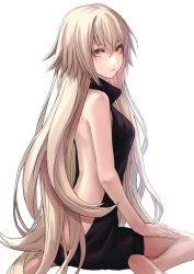 Rule 34 | 1girl, applekun, backless outfit, barefoot, black sweater, closed mouth, dress, fate/grand order, fate (series), from behind, highres, jeanne d&#039;arc (fate), jeanne d&#039;arc alter (avenger) (fate), jeanne d&#039;arc alter (fate), long hair, looking at viewer, silver hair, simple background, sitting, sleeveless, sleeveless sweater, soles, solo, sweater, sweater dress, turtleneck, turtleneck sweater, very long hair, wariza, white background, yellow eyes