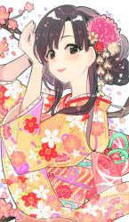 Rule 34 | 10s, 1girl, black hair, blush, flower, hair flower, hair ornament, highres, idolmaster, idolmaster cinderella girls, idolmaster cinderella girls starlight stage, japanese clothes, kimono, kobayakawa sae, long hair, looking at viewer, open mouth, solo, wenquangua