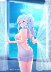 Rule 34 | 1girl, absurdres, alternate hairstyle, asami asami, ass, backless dress, backless outfit, bare back, bare shoulders, blue sky, blush, breasts, butt crack, closed mouth, cloud, cloudy sky, curtains, day, dress, grey sweater, halterneck, highres, holding, idolmaster, idolmaster (classic), indoors, large breasts, lens flare, long hair, looking at viewer, looking back, meme attire, naked sweater, ponytail, purple eyes, ribbed sweater, shijou takane, sideboob, silver hair, sky, smile, solo, sweater, sweater dress, thighs, turtleneck, turtleneck sweater, twitter username, virgin killer sweater, wavy hair