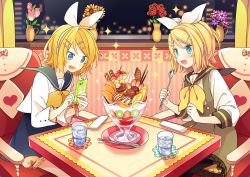 Rule 34 | 2girls, aqua eyes, blush, cellphone, chair, cutlery, dress, flower, food, hair ornament, hairpin, heart, ice cream, kagamine rin, multiple girls, open mouth, phone, pink flower, pink rose, red flower, red rose, rose, seat, short hair, sitting, smile, striped, table, vocaloid, window, yoshiki