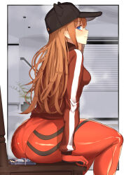 1boy 1girl absurdres animal_hat ass black_hat blue_eyes blush bodysuit breasts brown_hair cat_hat closed_mouth commentary_request evangelion:_3.0_you_can_(not)_redo face_in_ass femdom giant giantess hat hetero highres huge_ass jacket kikimifukuri long_hair long_sleeves looking_at_viewer mini_person miniboy neon_genesis_evangelion pilot_suit plant plugsuit potted_plant profile rebuild_of_evangelion red_bodysuit red_jacket shiny_clothes sideways_glance sitting sitting_on_face sitting_on_person small_breasts solo souryuu_asuka_langley steaming_body very_long_hair wide_hips