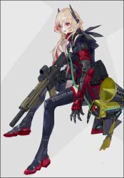 Rule 34 | 1girl, absurdres, ar-15, assault rifle, banana (girls&#039; frontline), black jumpsuit, blonde hair, boots, girls&#039; frontline, gun, headgear, highres, jumpsuit, m4 carbine, m4 sopmod ii, m4 sopmod ii (girls&#039; frontline), m4 sopmod ii (mod3) (girls&#039; frontline), mechanical arms, megaphone, mod3 (girls&#039; frontline), multicolored hair, nslacka, red eyes, rifle, robot, short hair with long locks, short jumpsuit, single mechanical arm, sitting, streaked hair, thigh boots, weapon