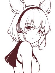 Rule 34 | 1girl, bare shoulders, closed mouth, earmuffs, expressionless, hair ears, hairband, highres, kuneamorai, looking at viewer, looking back, monochrome, pointy hair, shirt, short hair, simple background, sketch, sleeveless, sleeveless shirt, solo, touhou, toyosatomimi no miko, turning head, upper body, white background
