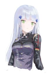 Rule 34 | 1girl, absurdres, blue hair, breasts, closed mouth, cropped torso, german flag, girls&#039; frontline, green eyes, hair ornament, hairclip, highres, hk416 (girls&#039; frontline), light blue hair, long hair, looking at viewer, medium breasts, solo, tactical clothes, teardrop facial mark, teardrop tattoo, uniform, upper body, wh1te, white background