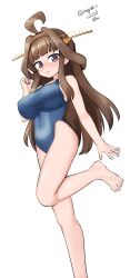 Rule 34 | 1girl, absurdres, ahoge, alternate costume, blue one-piece swimsuit, blush, breasts, brown hair, collarbone, competition school swimsuit, covered navel, double bun, hair bun, hairband, headgear, highres, kantai collection, kongou (kancolle), large breasts, long hair, looking at viewer, maru (marg0613), one-piece swimsuit, purple eyes, school swimsuit, simple background, smile, solo, standing, standing on one leg, swimsuit, white background
