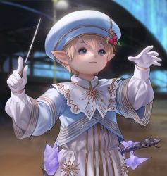 Rule 34 | 1other, ambiguous gender, conductor baton, blonde hair, blue eyes, blurry, blurry background, character request, closed mouth, conductor, final fantasy, final fantasy xiv, gloves, hands up, hat, highres, holding, holding stick, lalafell, light particles, mandaring0, pointy ears, stick, warrior of light (ff14), white gloves