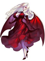 Rule 34 | 1girl, bare shoulders, blonde hair, breasts, cleavage, covered navel, dairoku ryouhei, demon girl, demon wings, dress, elbow gloves, fangs, full body, gloves, high heels, huge breasts, lipstick, long hair, makeup, official art, red dress, red eyes, red footwear, red gloves, sidelocks, snail8, solo, tight clothes, tight dress, usalia sin, wings, yellow background