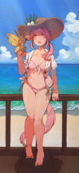 Rule 34 | &gt; &lt;, 10s, 2girls, against railing, barefoot, beach, bikini, blush, breasts, brown eyes, cat tail, closed eyes, cloud, collarbone, day, eos (ff14), fairy, final fantasy, final fantasy xiv, front-tie top, full body, hair over shoulder, hand fan, hat, holding, holding fan, hood, hooded jacket, jacket, leaning against railing, low ponytail, medium breasts, mini person, minigirl, miqo&#039;te, mozuku (mozuuru0323), multiple girls, navel, open clothes, open jacket, open mouth, outdoors, pink bikini, pink hair, railing, side-tie bikini bottom, side ponytail, standing, straw hat, sunlight, sweat, swimsuit, tail, warrior of light (ff14), water, wooden floor