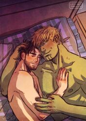 Rule 34 | 2boys, aged up, alternate facial hair, bad id, bad tumblr id, bara, beard, bed sheet, black hair, blonde hair, chest hair, couple, cris art, cuddling, earrings, facial hair, from above, hand on another&#039;s chest, hand on another&#039;s head, happy, hulkling, jewelry, large pectorals, lying, male focus, marvel, mature male, multiple boys, muscular, muscular male, mustache, naked sheet, nipples, on side, pectorals, playing with another&#039;s hair, shared blanket, short hair, sideburns, sleeping, sleeping on person, smile, upper body, wiccan, yaoi