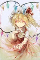 Rule 34 | 1girl, ascot, blonde hair, flandre scarlet, foreshortening, hat, hat ribbon, highres, looking at viewer, mob cap, nail polish, reaching, reaching towards viewer, red eyes, red nails, red ribbon, red skirt, ribbon, short sleeves, side ponytail, skirt, smile, solo, touhou, vest, yuki (popopo)