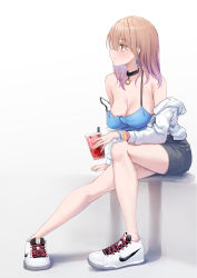 Rule 34 | 1girl, bare legs, black choker, blush, breasts, brown eyes, brown hair, choker, cleavage, cup, disposable cup, drink, earrings, from side, hair between eyes, highres, holding, holding cup, jewelry, large breasts, long sleeves, medium hair, multicolored hair, nike (company), no socks, o-ring, o-ring choker, off-shoulder shirt, off shoulder, original, pink hair, piripun, shadow, shirt, shoes, simple background, sitting, skirt, solo, strap slip, tank top, thighs, two-tone hair, white background, white footwear, white shirt, wide-eyed, wristband