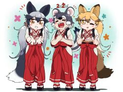 Rule 34 | 3girls, :d, absurdres, animal ear fluff, animal ears, appleq, black footwear, black hair, blonde hair, blush stickers, brown eyes, chinchilla (kemono friends), chinchilla ears, chinchilla girl, chinchilla tail, chinese zodiac, closed eyes, commentary request, ezo red fox (kemono friends), fox ears, fox girl, fox tail, grey hair, grin, hakama, hakama skirt, highres, hip vent, japanese clothes, kemono friends, kimono, long hair, long sleeves, miko, multicolored hair, multiple girls, new year, notice lines, one eye closed, open mouth, red hakama, ribbon-trimmed kimono, sandals, shadow, silver fox (kemono friends), skirt, smile, socks, standing, tabi, tail, tasuki, two-tone hair, very long hair, white kimono, white socks, year of the rat, zouri