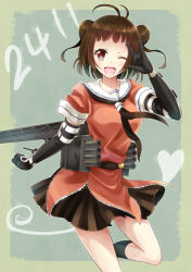 Rule 34 | 10s, 1girl, 2 fuel 4 ammo 11 steel, ;d, antenna hair, blunt bangs, brown eyes, brown hair, double bun, elbow gloves, gloves, hair bun, kantai collection, m/, meet (105r), naka (kancolle), one eye closed, open mouth, personification, pleated skirt, sailor collar, skirt, smile, solo, wink